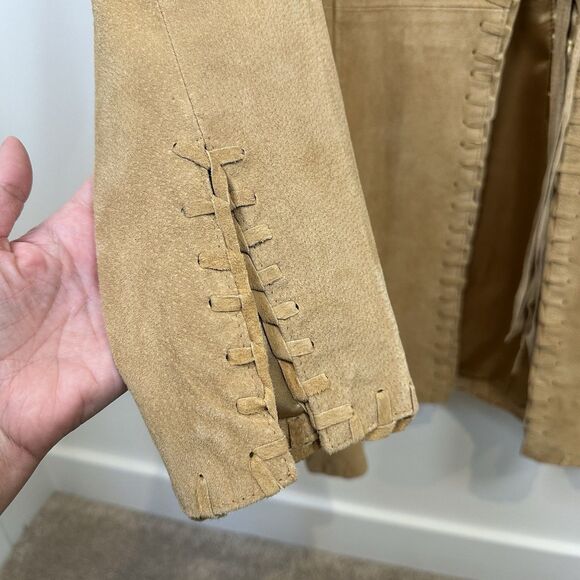 Denim & Co Leather Jacket Women's Small Tan Suede Hippie Festival Western Fringe - Picture 4 of 14